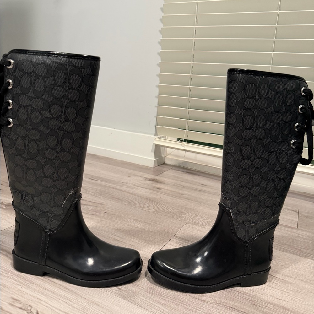 Coach Black Signature Logo Tall Lace-Back Rain Boots - Picture 4 of 11